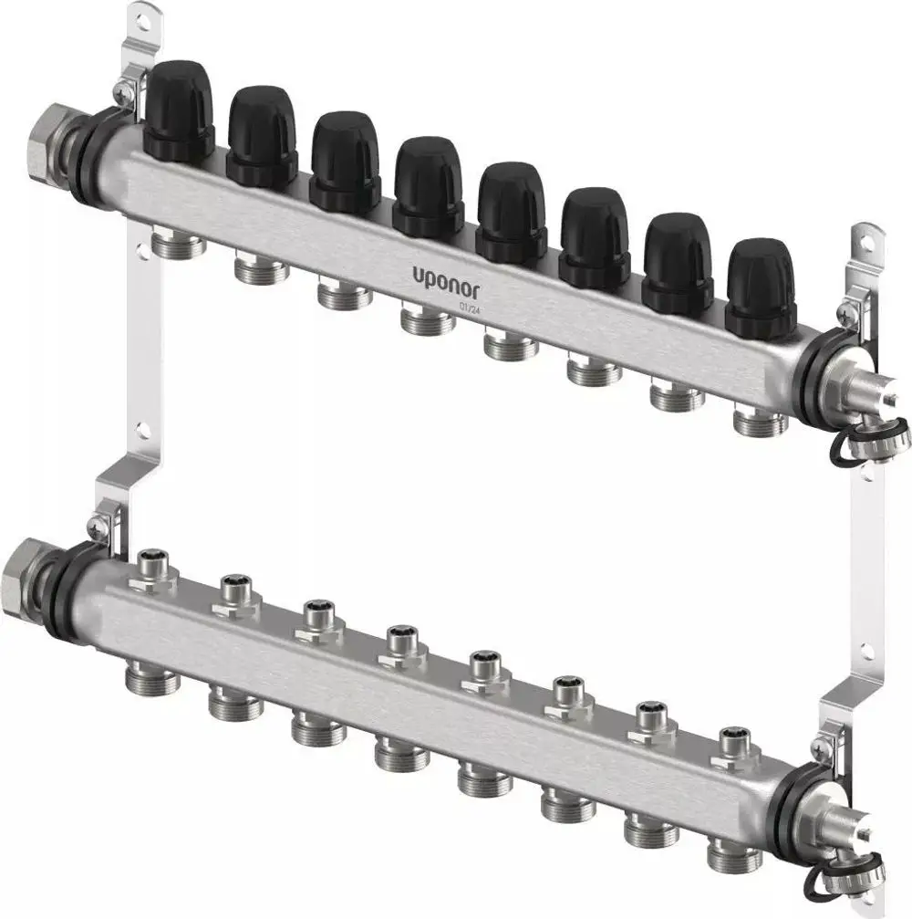 Verteiler mit mehreren Anschlüssen, hergestellt von Uponor, mit robustem Design für Heizungs- oder Sanitäranwendungen, montiert auf einer Metallbasis.